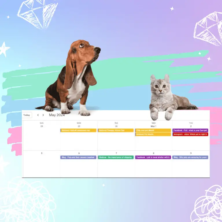 A content calendar for a pet blog writer. Sitting on top is a cat and a dog