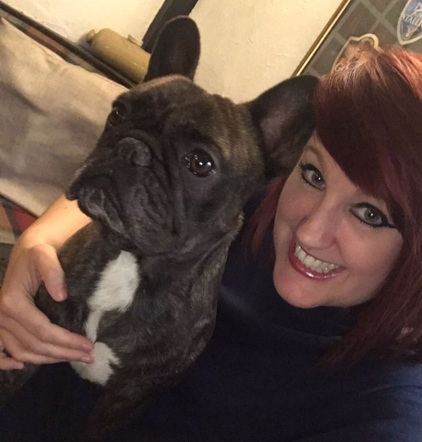 Pixie Greatorex, freelance pet blog writer with small black bulldog