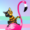 Cat riding on a flamingo