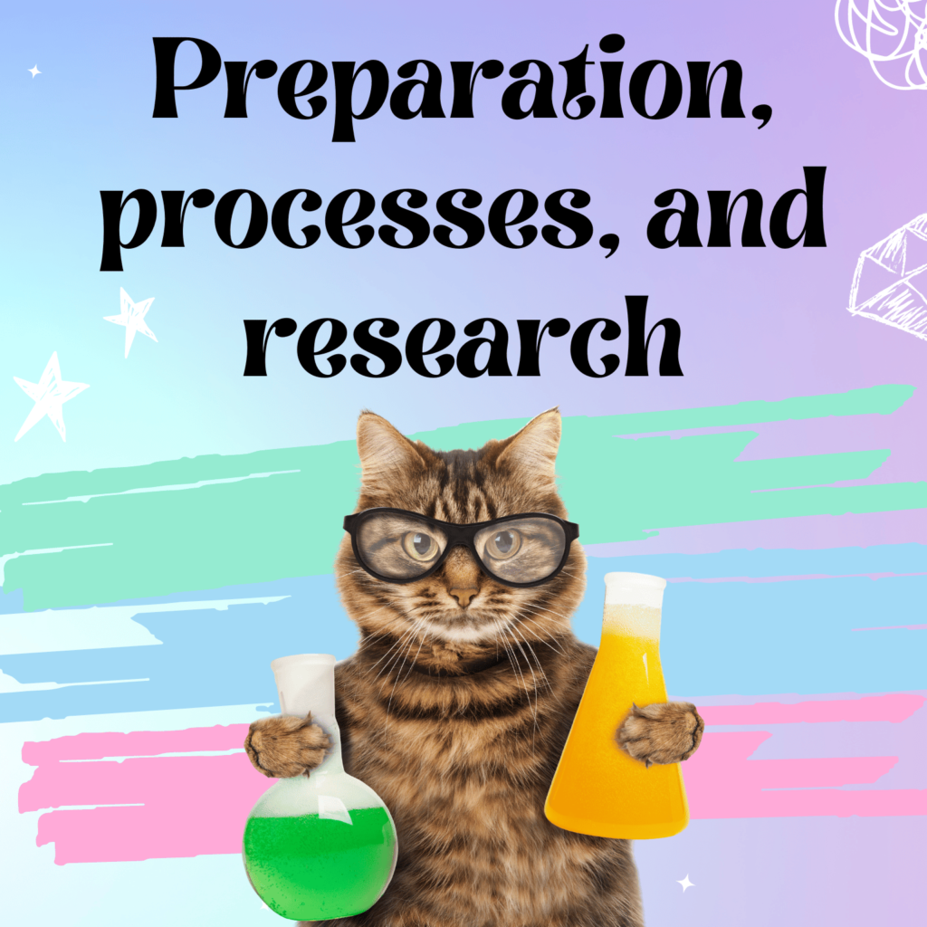 Cat with science equipment wearing glasses with the words 'Preparation, processes, and research' above him.