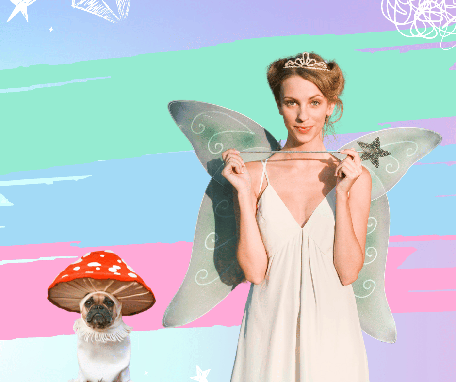 Pug dog dressed as a mushroom next to lady dressed as a fairy holding a wand