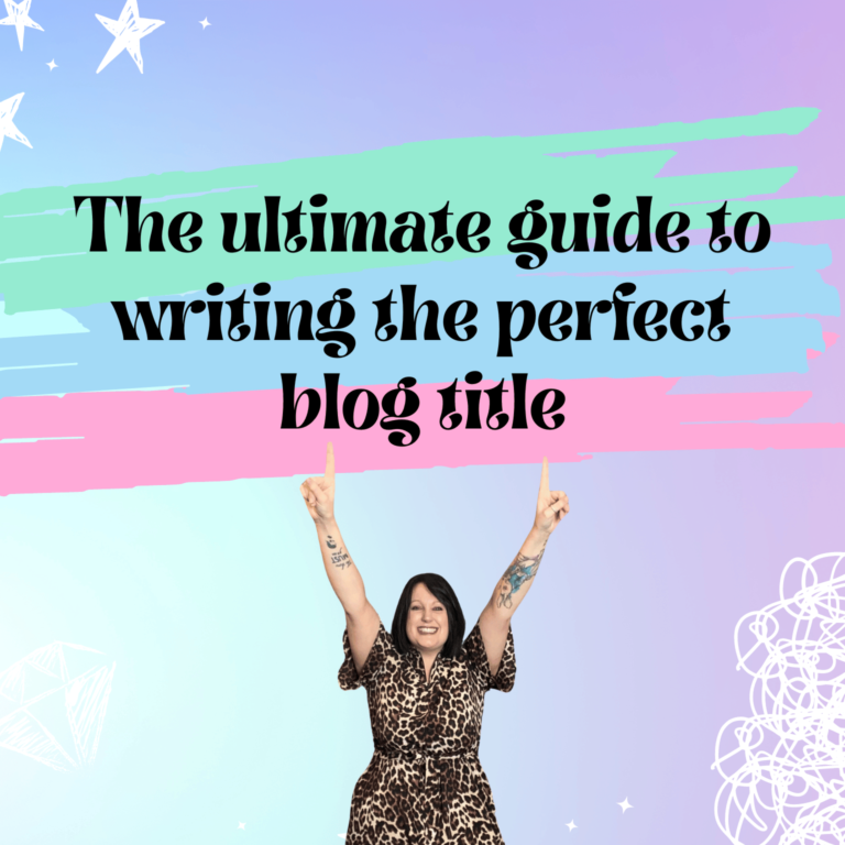 Pixie Greatorex freelance pet blog writer pointing to the words 'The ultimate guide to writing the perfect blog title'