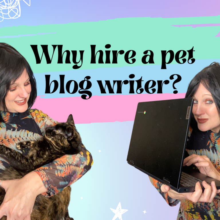 Pixie Greatorex pet blog writer holding a cat next to another picture of her on a laptop